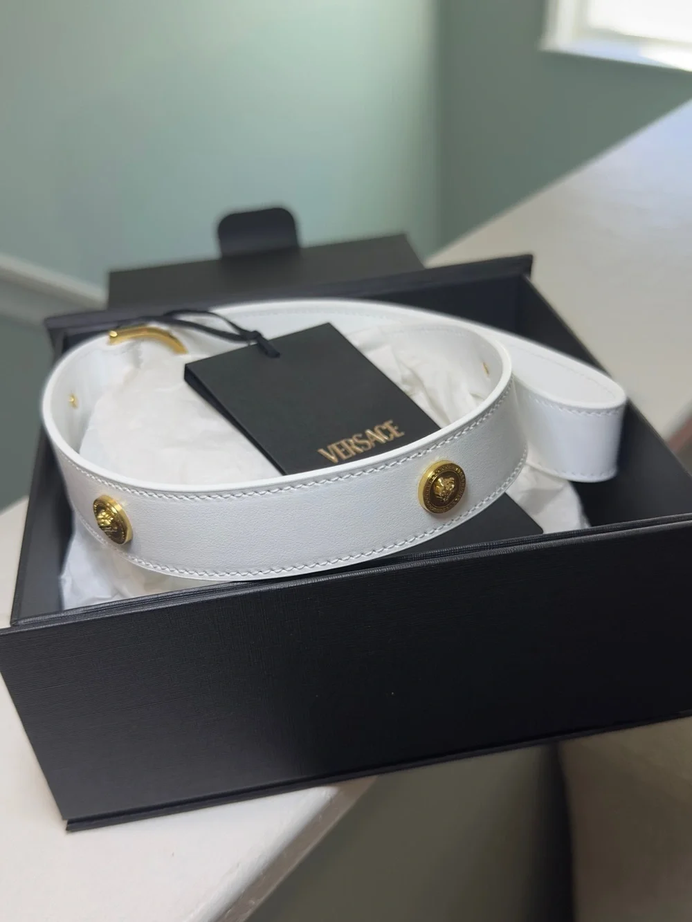NWT VERSACE ICON Pet Collar White Leather w/ Gold 24in Length WITH BOX